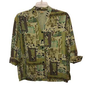 Tianello Small Green Geisha Printed 3/4 Sleeve Button Up Blouse Top Sz S USA